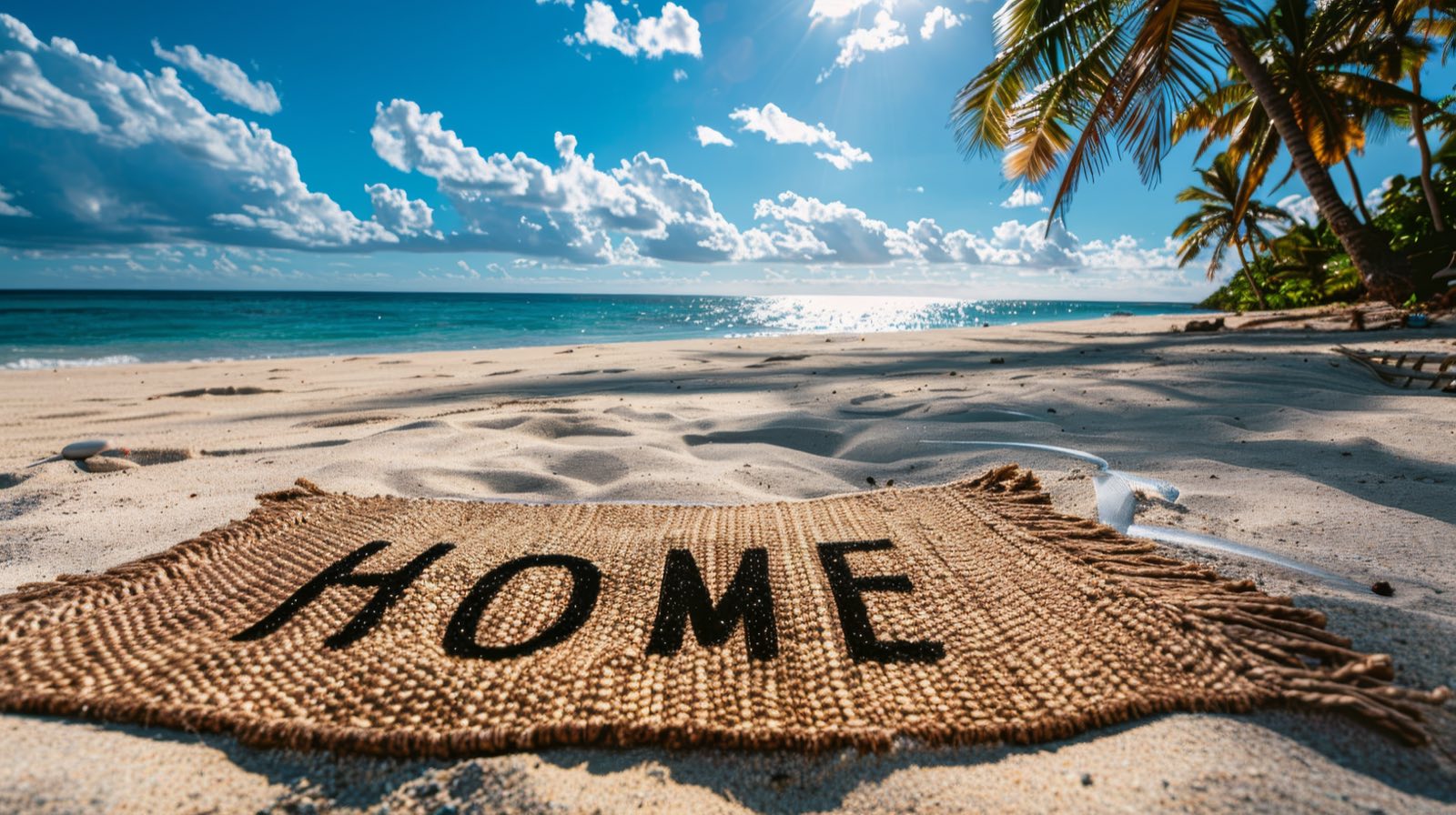 A doormat with the word HOME on a tropical beach